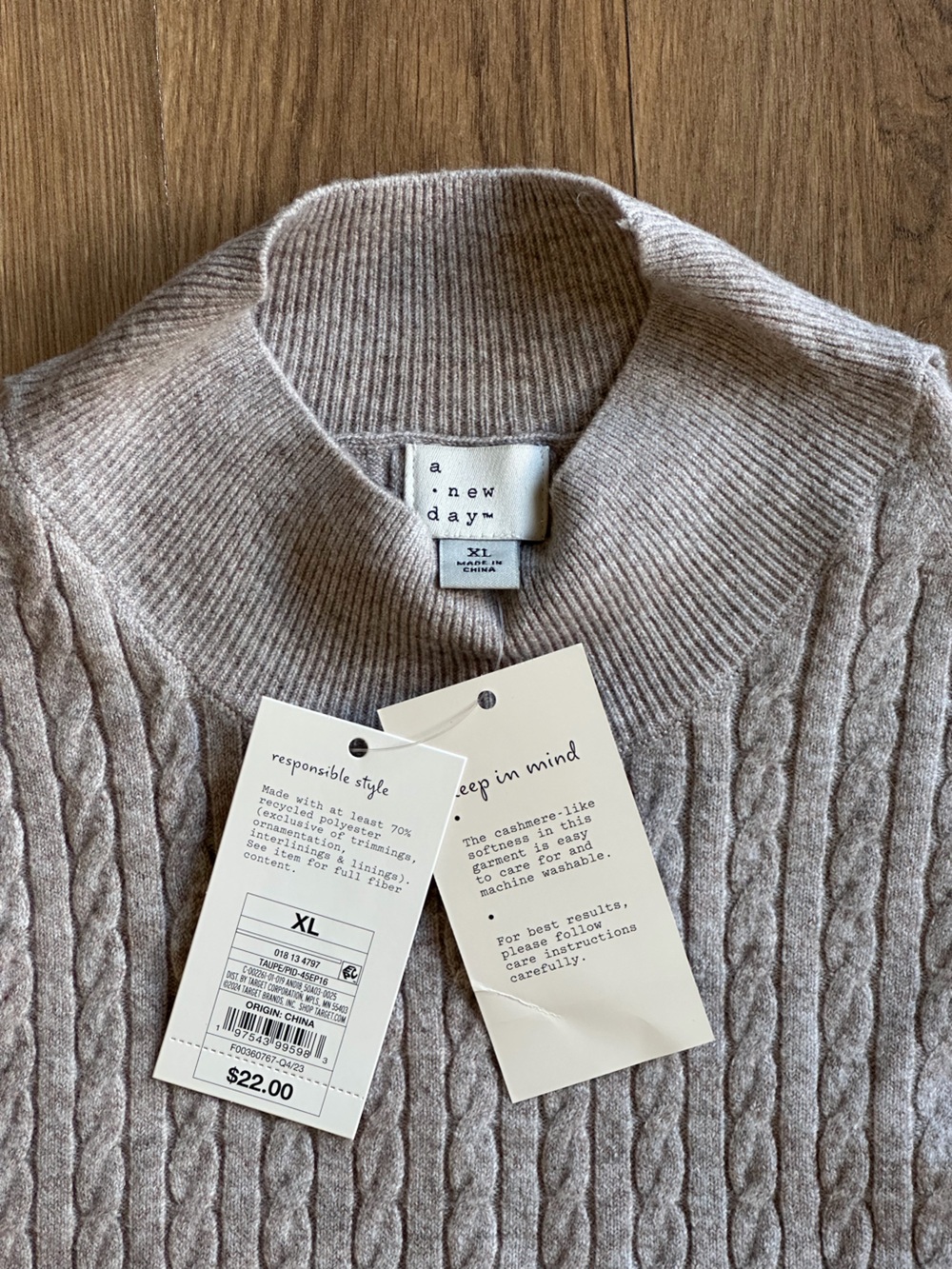 a new day Heather Taupe Cable Knit Crew Sweater